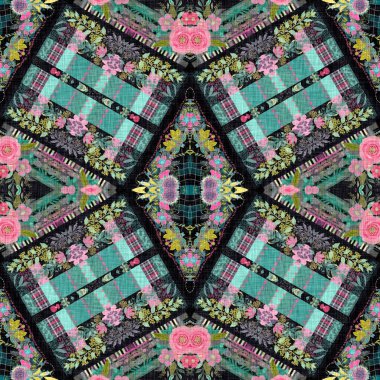 Çingene tarzı bir çiçek desenli boho yaması. Siyah ve kırmızı gotik moda renkleriyle tekrarlanabilir kumaş efekti