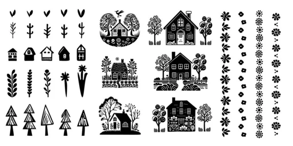 stock vector Set of domestic home vector quirky graphics. Collection of folk art style rural house and woodland clip art in hand carved linocut illustration