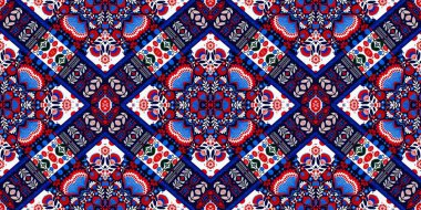 Folkart quilt traditional border. Patchwork red white blue trendy trim. Norwegian style European cloth