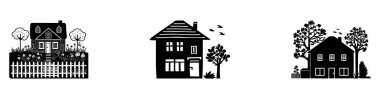 Homestead tarzı bir kır evi motifi seti. Kırsal evlerin ilginç illüstrasyonları
