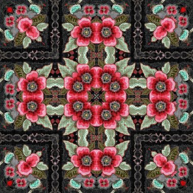 Boho folkloric flower pattern with a gypsy retro style. Repeatable vintage cloth effect print in black and red gothic fashion colors clipart