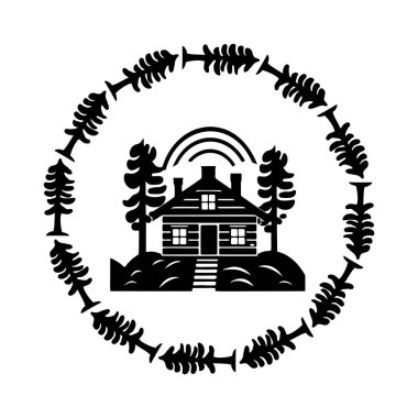 Scandi linocut stil vektör illüstrasyonunda ahşap kulübe. Köy karikatüründeki dağ evi.