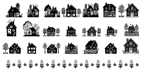 Set Grafica Eccentrica Vettoriale Domestica Collezione Arte Popolare Casa Rurale — Vettoriale Stock
