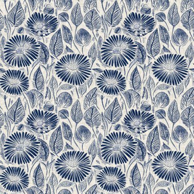 Masculine indigo floral blockprint linen seamless pattern. All over print of navy blue cotton effect flower linocut fabric background clipart