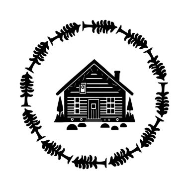 Scandi linocut stil vektör illüstrasyonunda ahşap kulübe. Köy karikatüründeki dağ evi.