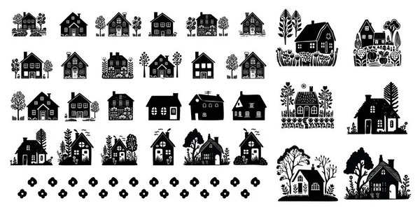Set Domestic Home Vector Quirky Graphics Collection Folk Art Style — Stock Vector