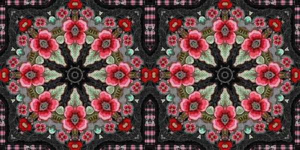 波荷族民俗花横幅与吉普赛复古风格 黑色和红色哥特式时装的复古布效果边框 — 图库照片