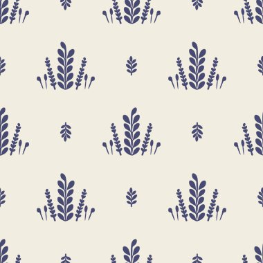 Garip orman ağacı mavi motif vektör deseni. Skandi arkaplanı için tuhaf botanik tasarımının kusursuz dekorasyonu