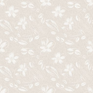 Kaba ve zarif düğün çiçekleri desenli keten desenli. Beyaz tondaki beyaz pamuk rengi çiçek arkaplanının her yerinde