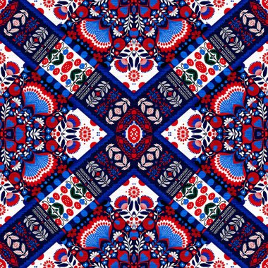 Folkart quilt traditional pattern. Patchwork red white blue trendy allover print. Norwegian style European cloth