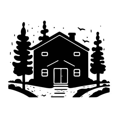 Scandi linocut stil vektör illüstrasyonunda ahşap kulübe. Köy karikatüründeki dağ evi.