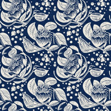 Erkeksi çivit çiçekli engelli keten desenli kumaş. Üzerinde lacivert pamuk baskısı çiçek linocut kumaş arkaplan