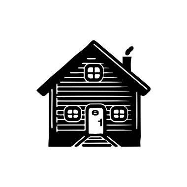 Scandi linocut stil vektör illüstrasyonunda ahşap kulübe. Köy karikatüründeki dağ evi.