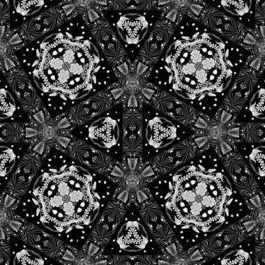 Zarif bir kadınsı tarzda karmaşık siyah beyaz dantelli çiçek deseni. Tekrarlanabilir dantelli tek renkli eşarp izi
