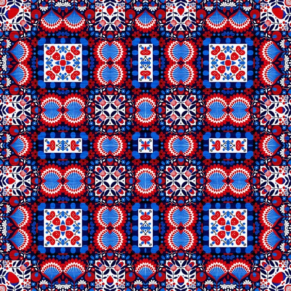 Folkart Quilt Traditional Pattern Patchwork Red White Blue Trendy Allover —  Fotos de Stock