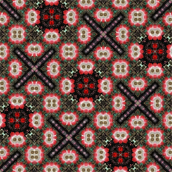 ジプシーのレトロなスタイルのボヘミアン民俗花パターン 黒と赤で繰り返しヴィンテージの布効果プリントゴシックファッション色 — ストック写真