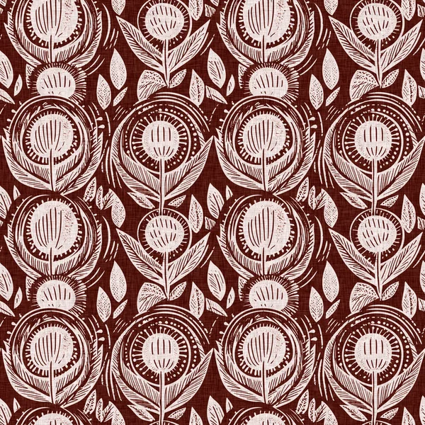 Marrón Rojo País Floral Blockprint Lino Patrón Sin Costuras Impresión —  Fotos de Stock