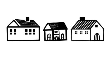 Homestead tarzı bir kır evi motifi seti. Kırsal evlerin ilginç illüstrasyonları