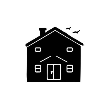 Scandi linocut stil vektör illüstrasyonunda ahşap kulübe. Köy karikatüründeki dağ evi.