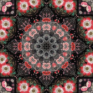 Çingene tarzı Boho folklorik çiçek deseni. Siyah ve kırmızı gotik moda renkleriyle tekrarlanabilir kumaş efekti