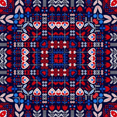 Folkart quilt traditional pattern. Patchwork red white blue trendy allover print. Norwegian style European cloth