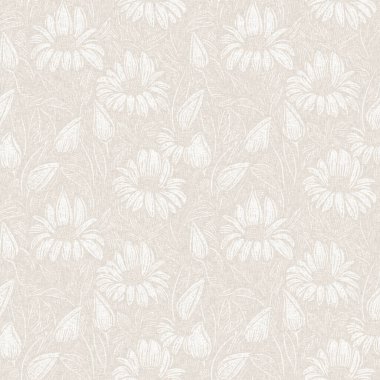 Kaba ve zarif düğün çiçekleri desenli keten desenli. Beyaz tondaki beyaz pamuk rengi çiçek arkaplanının her yerinde