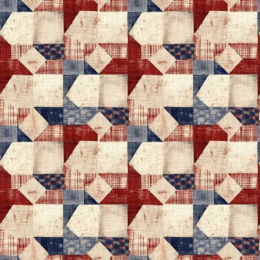 Geleneksel kırmızı, beyaz ve mavi renklerde, pürüzsüz bir Amerikan deseni. Modern ve eğlenceli, harika kır evi dekorasyonu, halk sanatı modası, tekstil ve 4 Temmuz arkaplan defteri.