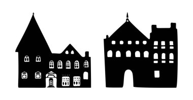 Homestead tarzı bir kır evi motifi seti. Kırsal evlerin ilginç illüstrasyonları