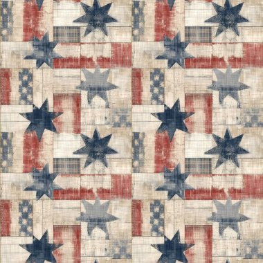 Geleneksel kırmızı, beyaz ve mavi renklerde, pürüzsüz bir Amerikan deseni. Modern ve eğlenceli, harika kır evi dekorasyonu, halk sanatı modası, tekstil ve 4 Temmuz arkaplan defteri.