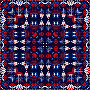 Folkart quilt traditional pattern. Patchwork red white blue trendy allover print. Norwegian style European cloth