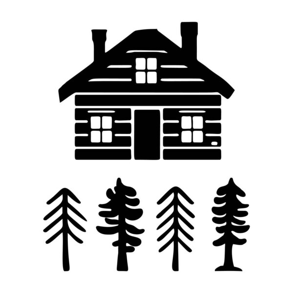 Set of log cabin and alpine fir tree vector illustrations. Masculine outdoor travel in nordic linocut chalet in Scandinavian holiday group.