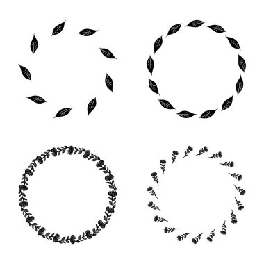 Beyaz arka planda izole edilmiş kuzeyli çiçek desenli çerçeve koleksiyonu. Yaprak biçimli vektör grafiklerinde tek renkli çelenk grubu