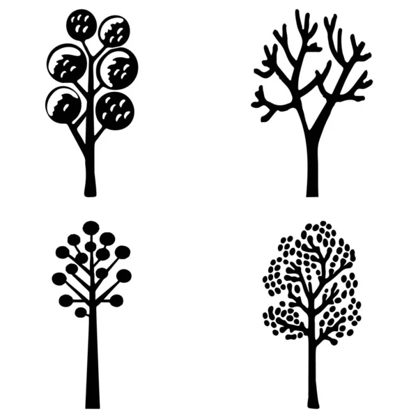 Elementy Projektu Drzewa Linocut Stylu Vector Scandi Czarno Białe Grupy — Wektor stockowy