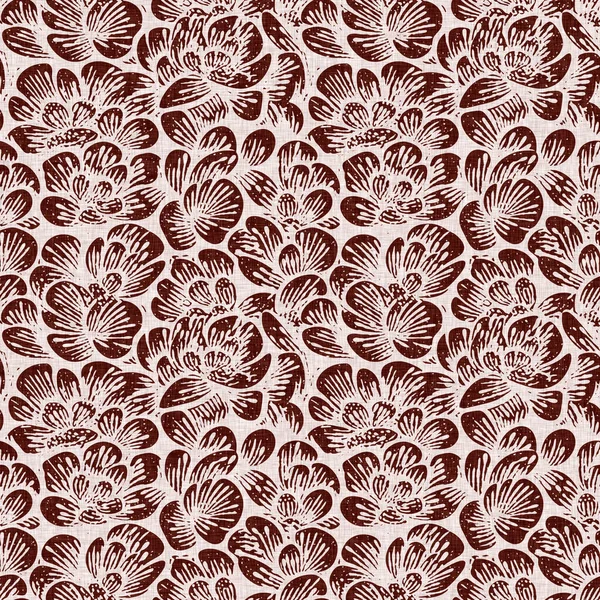Maroon red country floral blockprint linen seamless pattern. Allover print of French cottage interior cotton effect flower fabric background