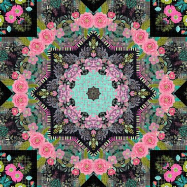 Çingene tarzı bir çiçek desenli boho yaması. Siyah ve kırmızı gotik moda renkleriyle tekrarlanabilir kumaş efekti