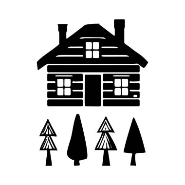 Kütük kabin seti ve alp köknar ağacı çizimleri. İskandinav tatil grubundaki İskandinav kesim dağ evinde erkek açık hava seyahati.