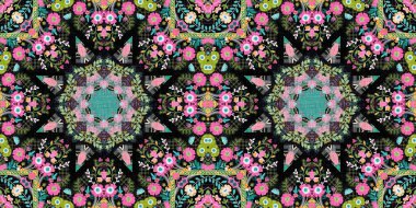 Çingene retro tarzlı Boho folklorik çiçek afişi. Tekrarlanabilir kumaş efekti sınırı siyah ve kırmızı gotik moda renkleriyle