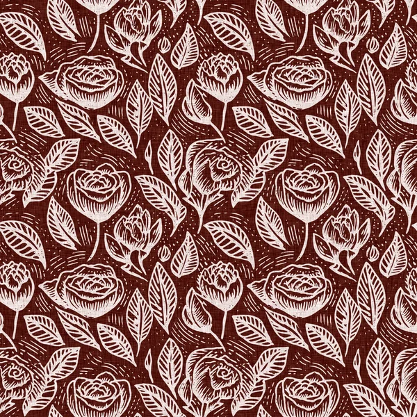 Marrón Rojo País Floral Blockprint Lino Patrón Sin Costuras Impresión — Foto de Stock