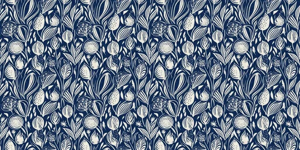 Masculine indigo floral blockprint linen seamless border. All over print of navy blue cotton effect flower linocut fabric banner