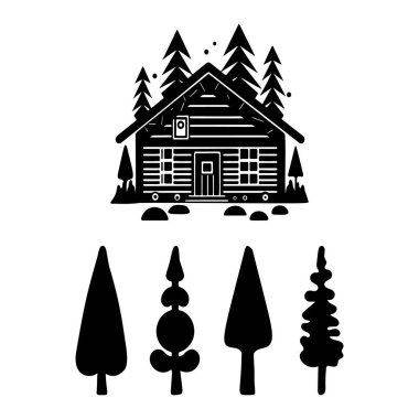 Kütük kabin seti ve alp köknar ağacı çizimleri. İskandinav tatil grubundaki İskandinav kesim dağ evinde erkek açık hava seyahati.
