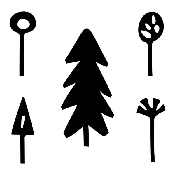 Linocut Tree Design Elements Vector Scandi Style Black White Forest — Stock Vector