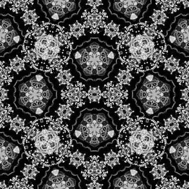 Zarif bir kadınsı tarzda karmaşık siyah beyaz dantelli çiçek deseni. Tekrarlanabilir dantelli tek renkli eşarp izi