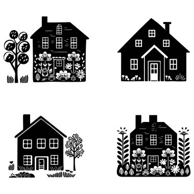 Homestead tarzı bir kır evi motifi seti. Kırsal evlerin ilginç illüstrasyonları