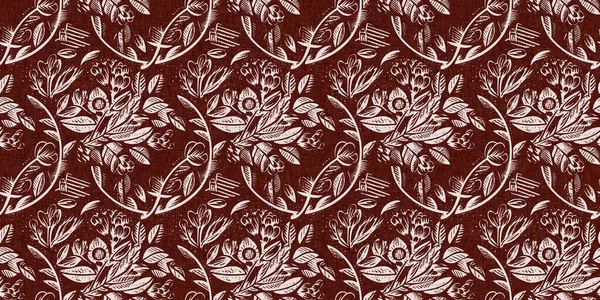 Maroon red country floral blockprint linen seamless border. Print of French cottage interior cotton effect flower fabric washi tape