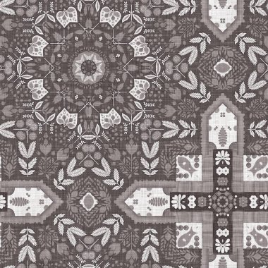 Country cottage grey intricate damask seamless pattern. 2 Tone french style background. Simple rustic fabric textile for shabby chic patchwork