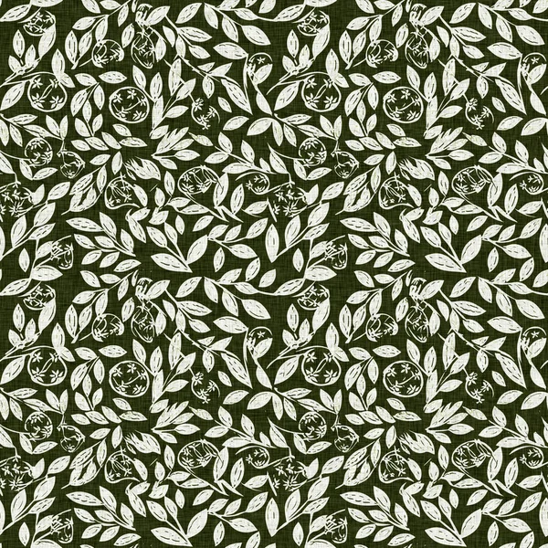 Forest Green Country Floral Blockprint Linen Seamless Pattern Allover Print — Stock Photo, Image