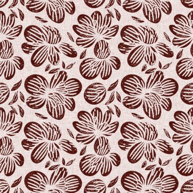 Maroon red country floral blockprint linen seamless pattern. Allover print of French cottage interior cotton effect flower fabric background clipart