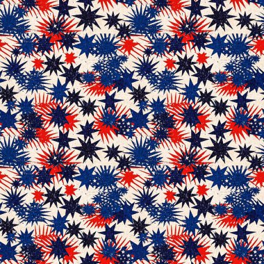 4 Temmuz Bağımsızlık Günü havai fişekleri geleneksel kırmızı, beyaz ve mavi renklerde. Tatil dekorasyonu, yaz özgürlüğü grafikleri ve Amerika Birleşik Devletleri arka planı için modern ABD stil baskısı