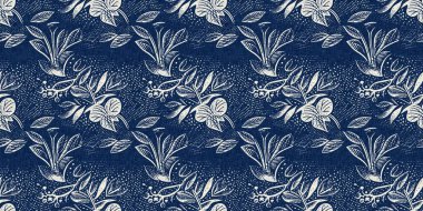 Erkeksi çivit çiçekli, keten desenli, dikişsiz kenar. Her yerde lacivert pamuk baskısı çiçek linocut kumaş afiş