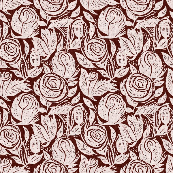 Maroon red country floral blockprint linen seamless pattern. Allover print of French cottage interior cotton effect flower fabric background